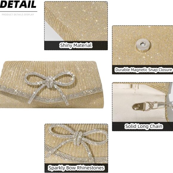 Sparkly Bow Evening Clutch Bag Rhinestone Dressy Purses for Weddings Prom - Picture 8 of 8